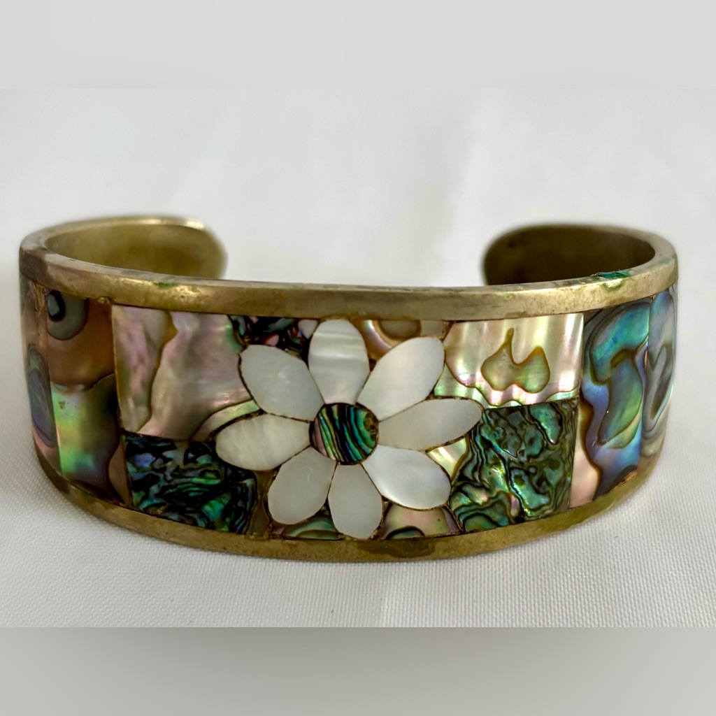 Vintage Alpaca Silver Mexico Flower Mother Of Pearl Abalone Cuff Bracelet 6.5